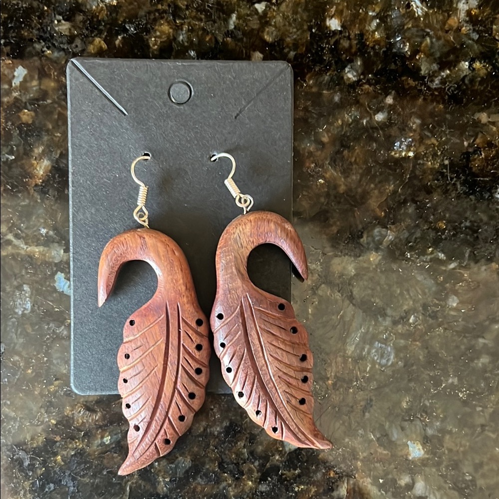 Wooden Leaf Hook Earrings